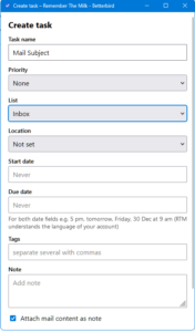 RTM Tasks: create a task from an e-mail